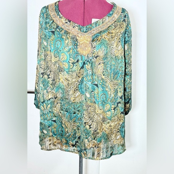 Sara Michelle Teal and Gold Floral Blouse - Picture 1 of 7